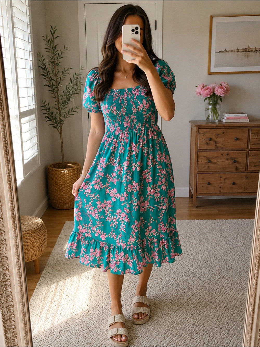 J.Crew Factory Green Pink Floral Smocked Midi Dress Cottagecore Size Small (v1)